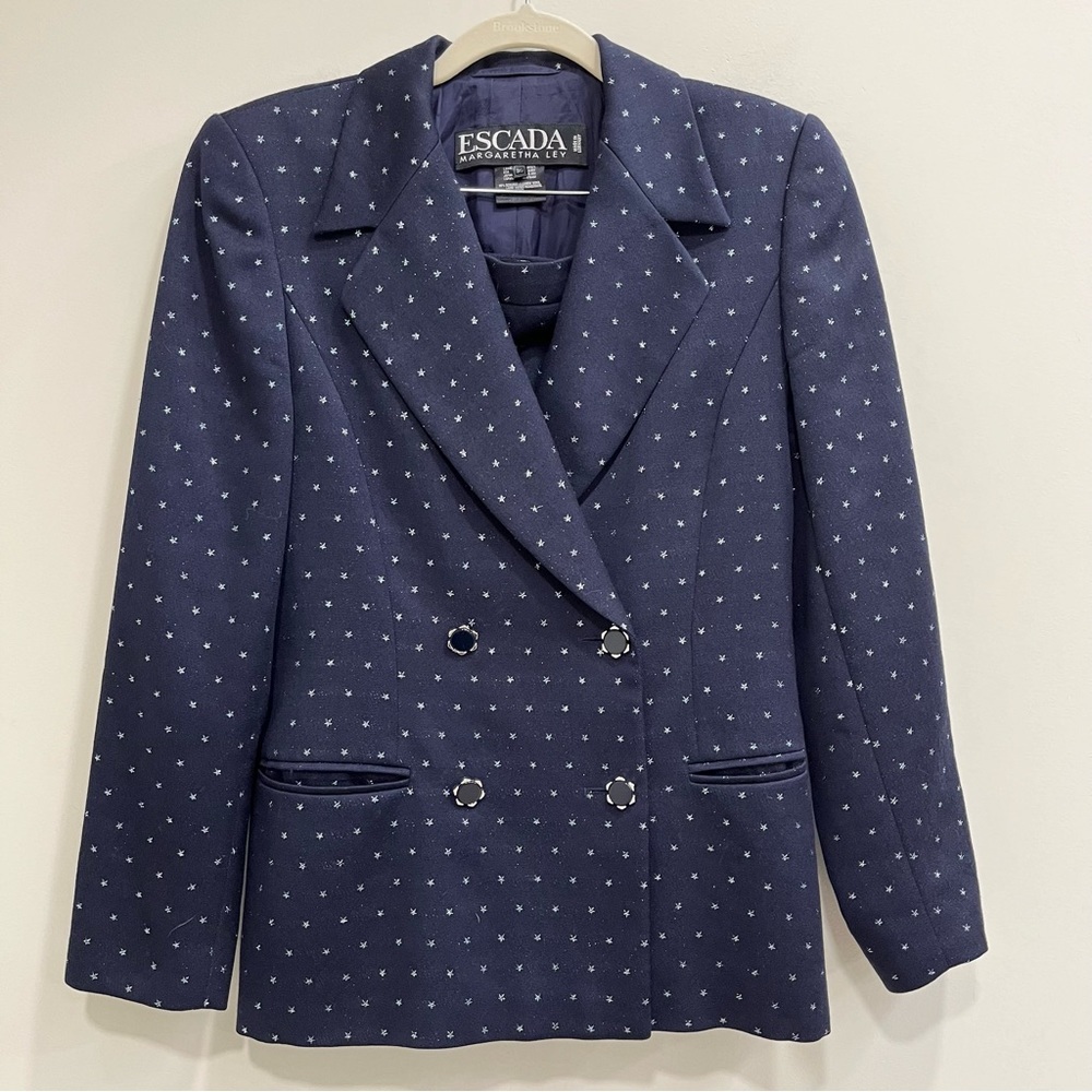 Escada navy blue double breasted wool skirt suit metallic silver star print - Picture 2 of 14